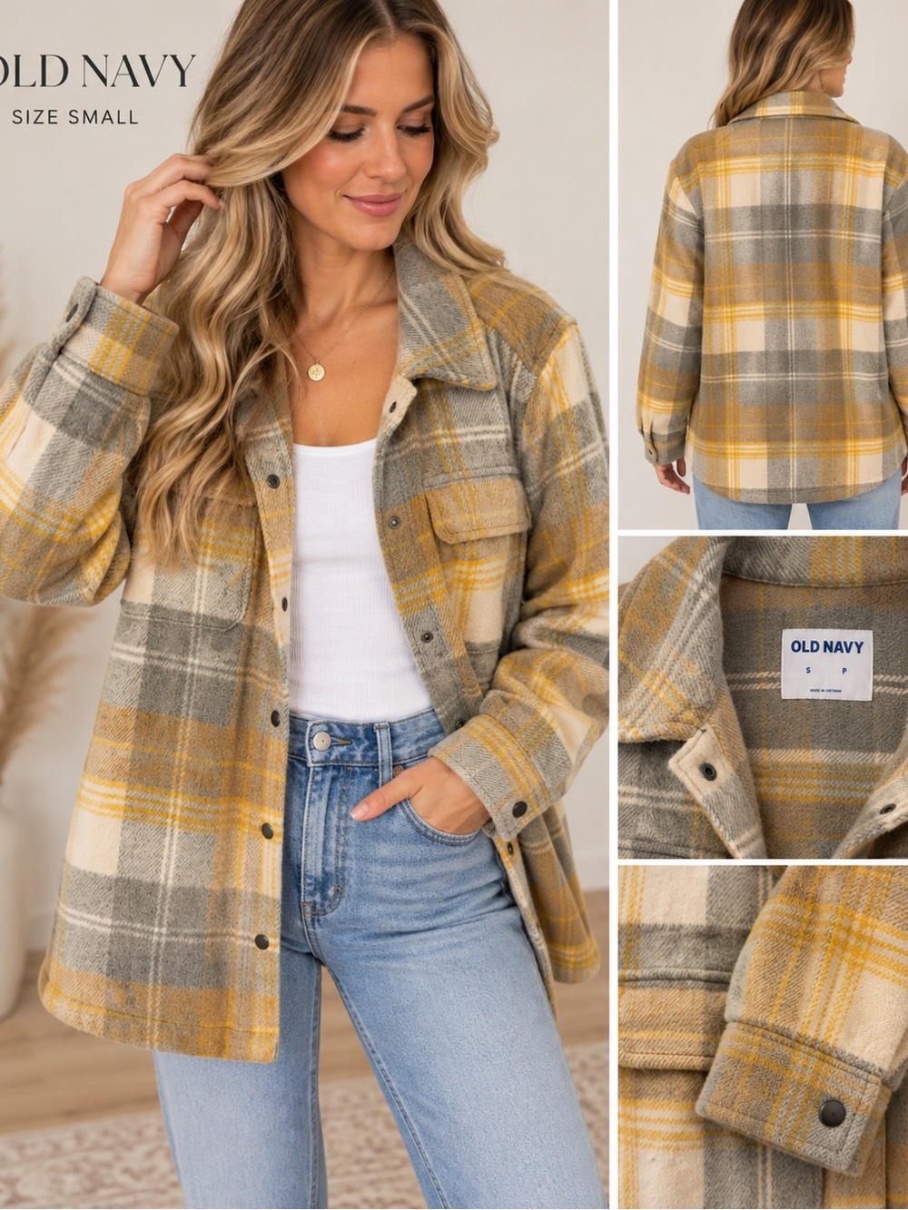 Old Navy Yellow and Gray Plaid Utility Shacket